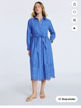 Blue Button-Front Eyelet Midi Shirtdress with Self-Tie Waist